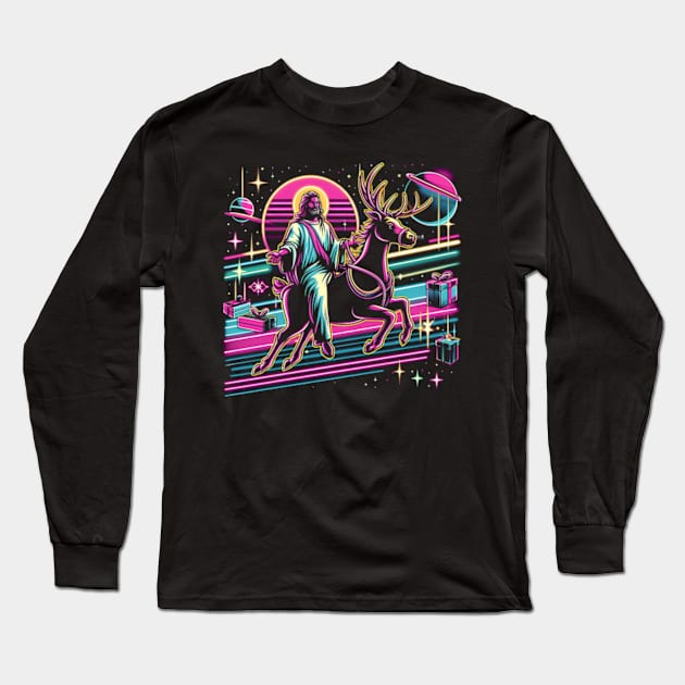 COOL JESUS RIDING RAINDEER UNIVERSE RETRO 80'S NEON VIBE Long Sleeve T-Shirt by athirdcreatives